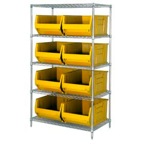 Quantum Storage Systems WR5-997YL Quantum WR5-997 Chrome Wire Shelving With 8 36"D Hopper Bins Yellow, 36x48x86 image.