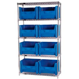 quantum wr5-700 chrome wire shelving with 8 giant hopper bins blue, 18x42x74 Quantum WR5-700 Chrome Wire Shelving With 8 Giant Hopper Bins Blue, 18x42x74