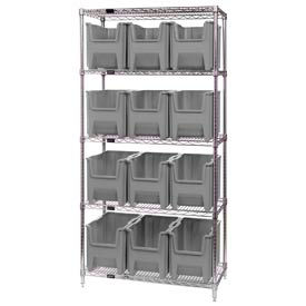 Quantum Storage Systems WR5-600GY Quantum WR5-600 Chrome Wire Shelving With 12 Giant Hopper Bins Gray, 18x36x74 image.