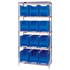 quantum wr5-600 chrome wire shelving with 12 giant hopper bins blue, 18x36x74 Quantum WR5-600 Chrome Wire Shelving With 12 Giant Hopper Bins Blue, 18x36x74