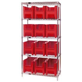 Quantum WR5-600 Chrome Wire Shelving With 12 Giant Hopper Bins Red, 18x36x74