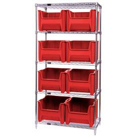 Quantum Storage Systems WR5-800RD Quantum WR5-800 Chrome Wire Shelving With 8 Giant Hopper Bins Red, 18x36x74 image.