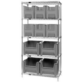 Quantum Storage Systems WR5-600800GY Quantum WR5-600800 Chrome Wire Shelving With 10 Giant Hopper Bins Gray, 18x36x74 image.