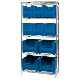 quantum wr5-600800 chrome wire shelving with 10 giant hopper bins blue, 18x36x74 Quantum WR5-600800 Chrome Wire Shelving With 10 Giant Hopper Bins Blue, 18x36x74