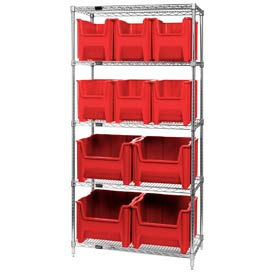 Quantum Storage Systems WR5-600800RD Quantum WR5-600800 Chrome Wire Shelving With 10 Giant Hopper Bins Red, 18x36x74 image.