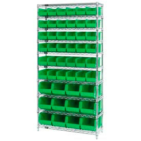Global Industrial 268925GN Global Industrial™ Chrome Wire Shelving With 48 Giant Plastic Stacking Bins Green, 36x14x74 image.