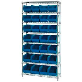Global Industrial 268926BL Global Industrial™ Chrome Wire Shelving w/ 28 Stacking Blue Bins, 36"W x 12"D x 74"H, Gray image.