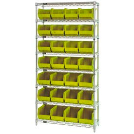 Global Industrial 268926YL Global Industrial™ Chrome Wire Shelving w/ 28 Stacking Yellow Bins, 36"W x 12"D x 74"H, Gray image.