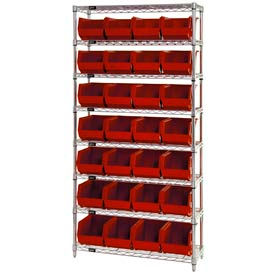 Global Industrial 268926RD Global Industrial™ Chrome Wire Shelving w/ 28 Stacking Red Bins, 36"W x 12"D x 74"H, Gray image.