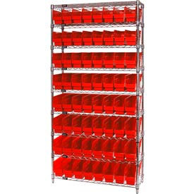 Quantum Storage Systems WR9-201RD Quantum WR9-201 Chrome Wire Shelving with 64 6"H Plastic Shelf Bins Red, 36x12x74 image.