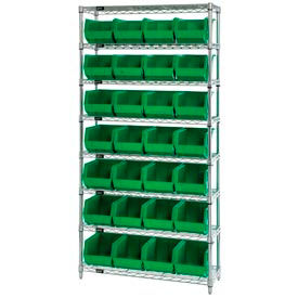 Global Industrial 268926GN Global Industrial™ Chrome Wire Shelving w/ 28 Stacking Green Bins, 36"W x 12"D x 74"H, Gray image.