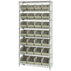 Global Industrial 268926BG Global Industrial™ Chrome Wire Shelving w/ 28 Stacking Ivory Bins, 36"W x 12"D x 74"H, Gray image.
