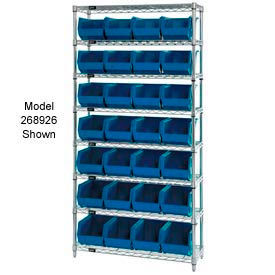 Quantum Storage Systems WR7-245BL Quantum WR7-245 Chrome Wire Shelving With 24 Giant Plastic Stacking Bins Blue, 36x12x74  image.
