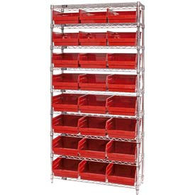Quantum Storage Systems WR9-209RD Quantum WR9-209 Chrome Wire Shelving with 24 6"H Plastic Shelf Bins Red, 36x12x74 image.