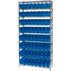 Quantum Storage Systems WR9-203BL Quantum WR9-203 Chrome Wire Shelving with 64 6"H Plastic Shelf Bins Blue, 36x18x74 image.