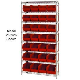 quantum wr7-245 chrome wire shelving with 24 giant plastic stacking bins red, 36x12x74  