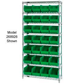 Quantum Storage Systems WR7-245GN Quantum WR7-245 Chrome Wire Shelving With 24 Giant Plastic Stacking Bins Green, 36x12x74  image.