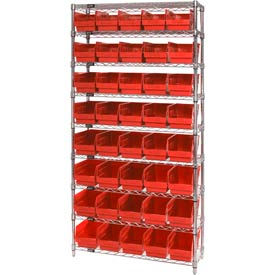Quantum Storage Systems WR9-204RD Quantum WR9-204 Chrome Wire Shelving with 40 6"H Plastic Shelf Bins Red, 36x18x74 image.