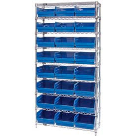quantum wr9-216 chrome wire shelving with 24 6"h plastic shelf bins blue, 36x24x74 Quantum WR9-216 Chrome Wire Shelving with 24 6"H Plastic Shelf Bins Blue, 36x24x74