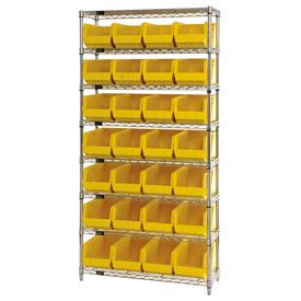 Global Industrial 268928YL Global Industrial™ Chrome Wire Shelving w/ 28 Stacking Yellow Bins, 36"W x 14"D x 74"H, Gray image.