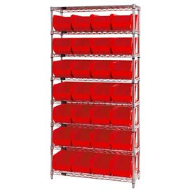 Global Industrial 268928RD Global Industrial™ Chrome Wire Shelving w/ 28 Stacking Red Bins, 36"W x 14"D x 74"H, Gray image.