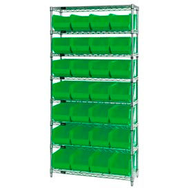 Global Industrial 268928GN Global Industrial™ Chrome Wire Shelving w/ 28 Stacking Green Bins, 36"W x 14"D x 74"H, Gray image.