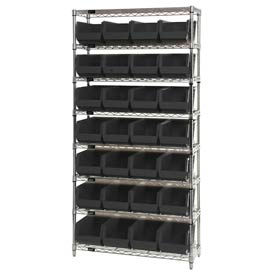 Global Industrial 268928BK Global Industrial™ Chrome Wire Shelving w/ 28 Stacking Black Bins, 36"W x 14"D x 74"H, Gray image.