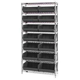 Global Industrial 268929BK Global Industrial™ Chrome Wire Shelving With 14 Giant Plastic Stacking Bins Black, 36x14x74 image.