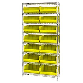 Global Industrial 268929YL Global Industrial™ Chrome Wire Shelving With 14 Giant Plastic Stacking Bins Yellow, 36x14x74 image.