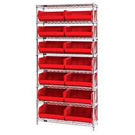 Global Industrial 268929RD Global Industrial™ Chrome Wire Shelving With 14 Giant Plastic Stacking Bins Red, 36x14x74 image.