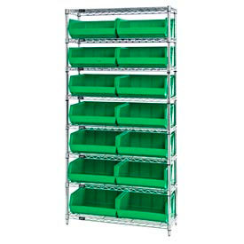 Global Industrial 268929GN Global Industrial™ Chrome Wire Shelving With 14 Giant Plastic Stacking Bins Green, 36x14x74 image.