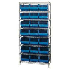 Global Industrial 268930BL Global Industrial™ Chrome Wire Shelving With 21 Giant Plastic Stacking Bins Blue, 36x18x74 image.