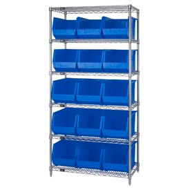 Global Industrial 268931BL Global Industrial™ Chrome Wire Shelving With 15 Giant Plastic Stacking Bins Blue, 36x18x74 image.