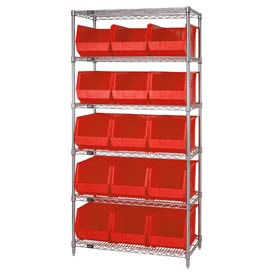 Global Industrial 268931RD Global Industrial™ Chrome Wire Shelving With 15 Giant Plastic Stacking Bins Red, 36x18x74 image.