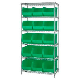 Quantum Storage Systems WR6-260GN Quantum WR6-260 Chrome Wire Shelving With 15 Giant Plastic Stacking Bins Green, 36x18x74  image.