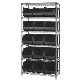 Quantum Storage Systems WR6-260BK Quantum WR6-260 Chrome Wire Shelving With 15 Giant Plastic Stacking Bins Black, 36x18x74  image.