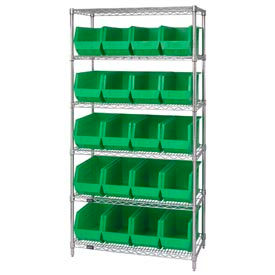 Quantum Storage Systems WR6-265GN Quantum WR6-265 Chrome Wire Shelving With 20 Giant Plastic Stacking Bins Green, 36x18x74  image.
