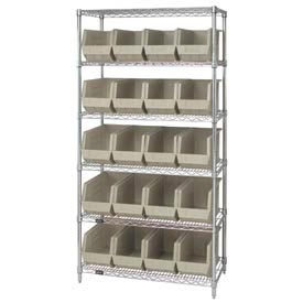 Quantum WR6-265 Chrome Wire Shelving With 20 Giant Plastic Stacking Bins Ivory, 36x18x74