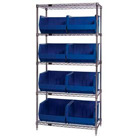 Global Industrial 268933BL Global Industrial™ Chrome Wire Shelving With 8 Giant Plastic Stacking Bins Blue, 36x18x74 image.