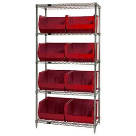 Global Industrial 268933RD Global Industrial™ Chrome Wire Shelving With 8 Giant Plastic Stacking Bins Red, 36x18x74 image.