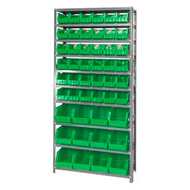 quantum qsbu-230240 steel shelving with 48 giant stacking bins green, 12x36x75 
