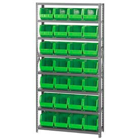 quantum qsbu-239 steel shelving with 28 giant stacking bins green, 12x36x75 