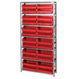 quantum qsbu-245 steel shelving with 24 giant stacking bins red, 12x36x75 