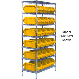 Quantum Storage Systems W7-12-30YL Quantum W7-12-30 Chrome Wire Shelving With 30 QuickPick Double Open Bins Yellow, 18x36x74 image.