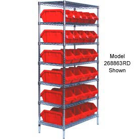 Quantum Storage Systems W7-12-30RD Quantum W7-12-30 Chrome Wire Shelving With 30 QuickPick Double Open Bins Red, 18x36x74 image.