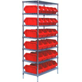 Quantum Storage Systems W7-12-26RD Quantum W7-12-26 Chrome Wire Shelving With 26 QuickPick Double Open Bins Red, 18x36x74 image.