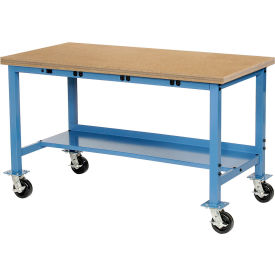 253989BBL 60"W x 30"D Mobile Production Workbench with Power Apron - Maple Butcher Block Safety Edge - Blue