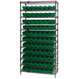 Global Industrial 268968GN Global Industrial™ Chrome Wire Shelving with 77 4"H Plastic Shelf Bins Green, 36x14x74 image.
