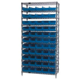 Global Industrial 268969BL Global Industrial™ Chrome Wire Shelving with 55 4"H Plastic Shelf Bins Blue, 36x14x74 image.