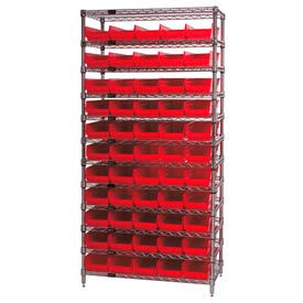 Global Industrial 268969RD Global Industrial™ Chrome Wire Shelving with 55 4"H Plastic Shelf Bins Red, 36x14x74 image.